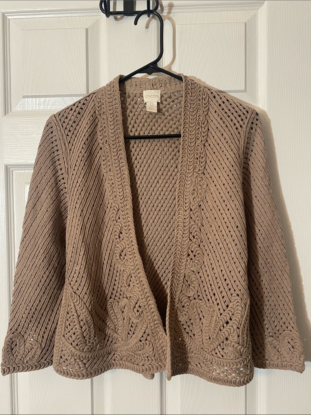 Chico's Taupe Crochet Open-Front Cardigan Chico’s 0 =Small- size 4